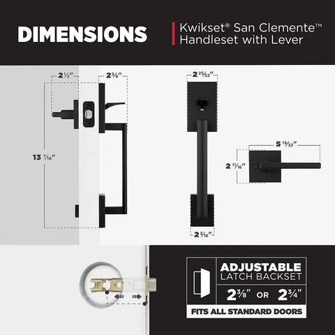 Diagram showing dimensions of San Clemente Front Door Handleset With Reversible Interior Lever Exterior Non Locking Entry Hardware In Matte Black Easy DIY Install Microban Protection Deadbolt Not Included.