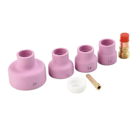 7 Piece TIG Torch Kit For Stubby Gas Lens Ceramic Cup Set Sizes 12 14 16 24 With Two Point Four Millimeter Collet For WP 17 18 26