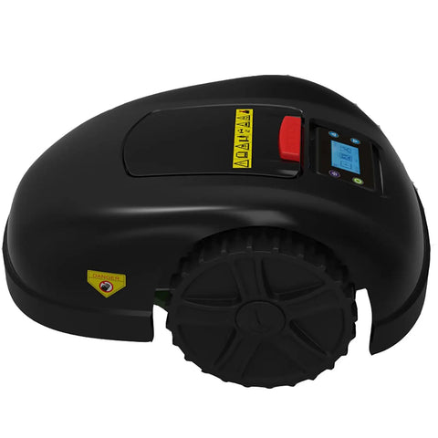 Smart Automatic Robotic Lawn Mower With Self Charging And Rain Avoidance shown from side view with control panel