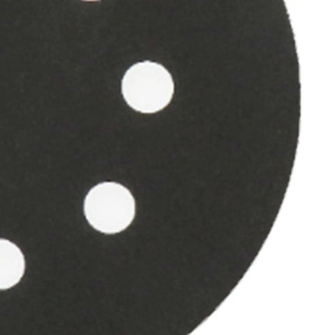 Get A-Grade Silicon Carbide Hook And Loop Sanding Discs With 8 Holes For Fast Wood And Metal Grinding, Includes 200 Pieces Of Durable 5-Inch Pads showing a close-up of black sandpaper with white holes.