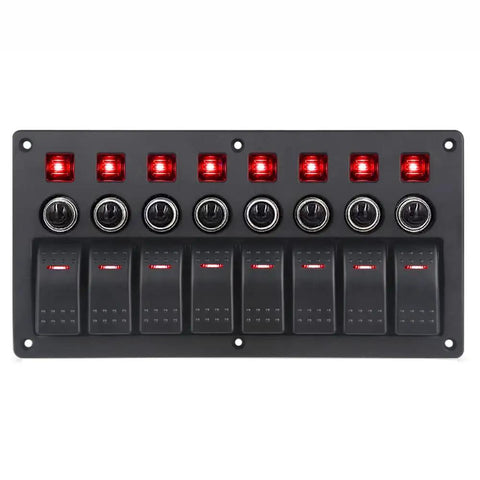 Front view of 8 Gang Switch Panel 12V 24V Waterproof On Off Rocker LED Panel Switch With Breakers For Boat Marine Car Blue Light Durable Marine Grade