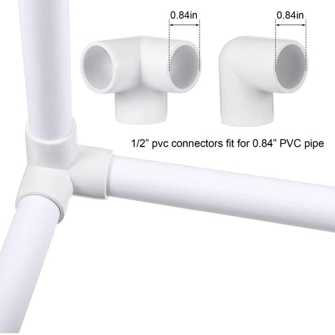 1/2 inch PVC connectors fitting 0.84 inch pipe, part of 42-Piece Half Inch PVC Pipe Fittings Elbow Set For Greenhouse Shed Tent DIY Projects