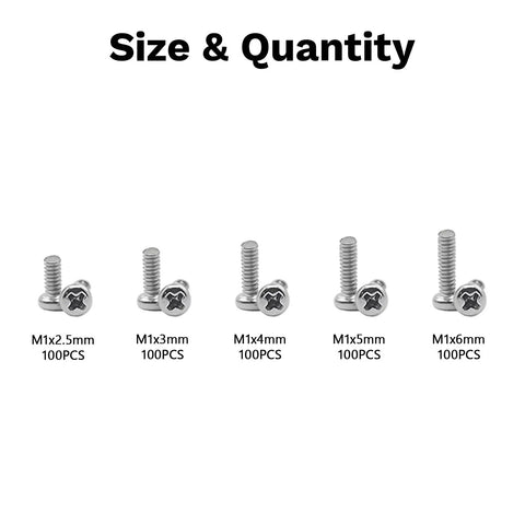 500Pcs 304 Stainless Steel Micro Screws Nuts Assortment Kit M1x2.5mm 3mm 4mm 5mm 6mm Phillips Pan Head Fully Threaded Pro Grade For Arduino RC Models Electronics DIY Projects size chart