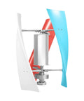 Front view of a three-blade wind turbine with white, red, and blue fiberglass blades and cylindrical generator.