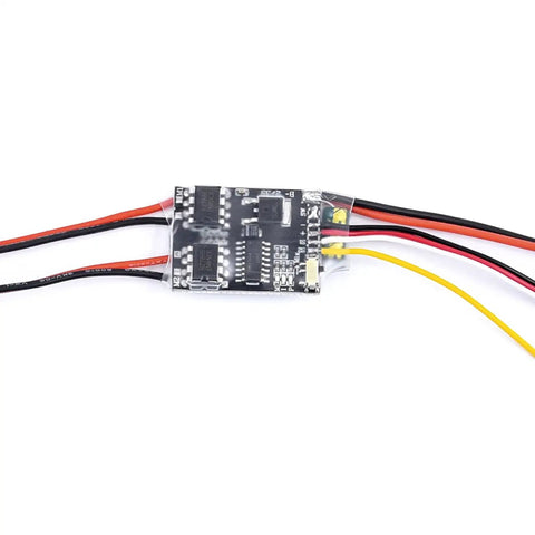 Top view of Bidirectional 5A Brushed ESC For RC Model Boats And Tanks, showing wiring and compact design with heat dissipation features.