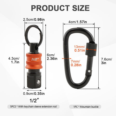 Half Inch Socket Holder Keychain 5 Pack With Heavy Duty Quick Release Clip And Locking Mechanism dimensions