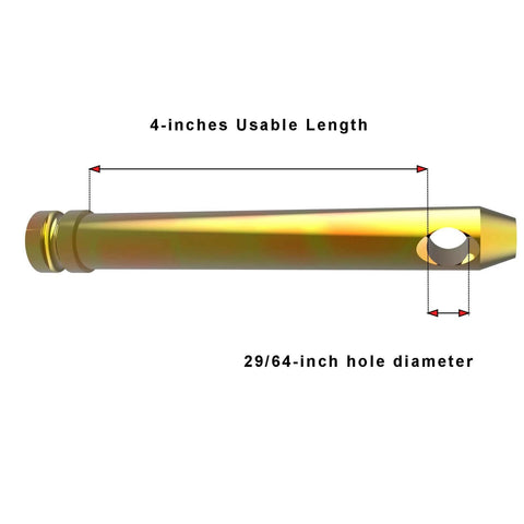Side view of a heavy-duty mild steel hitch pin with 4-inch usable length and labeled measurements, yellow zinc plated, for farm use.