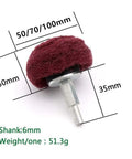 Professional Grade Kickass Hella Tough 6mm Shank Nylon Scouring Pad Polishing Brush For Rotary Tool Grinding Heavy Duty Deburring Electric Buffer Wheel Accessory In Red with measurements shown.