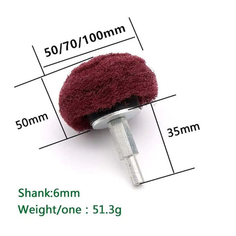 Professional Grade Kickass Hella Tough 6mm Shank Nylon Scouring Pad Polishing Brush For Rotary Tool Grinding Heavy Duty Deburring Electric Buffer Wheel Accessory In Red with measurements shown.