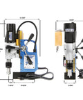 Front and side views of Champion RotoBrute MightiBrute AC50 portable magnetic drill press with blue base.