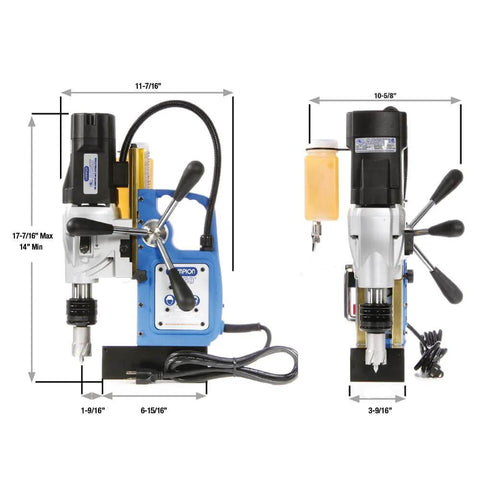 Front and side views of Champion RotoBrute MightiBrute AC50 portable magnetic drill press with blue base.