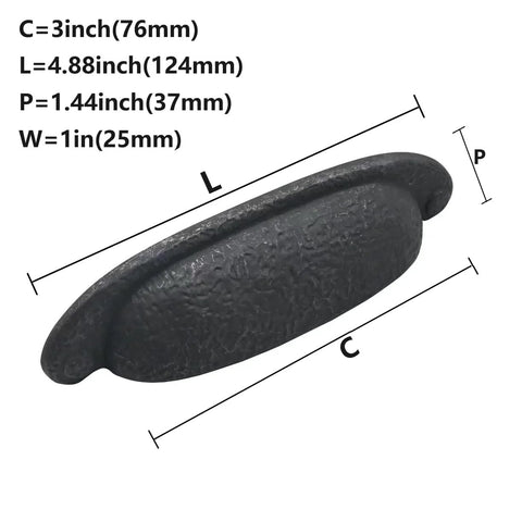Dimensions of 10 Pack 3 Inch Hole Center Black Iron Cup Drawer Pulls For Cabinets And Dressers, Rustic Antique Black Cup Handles