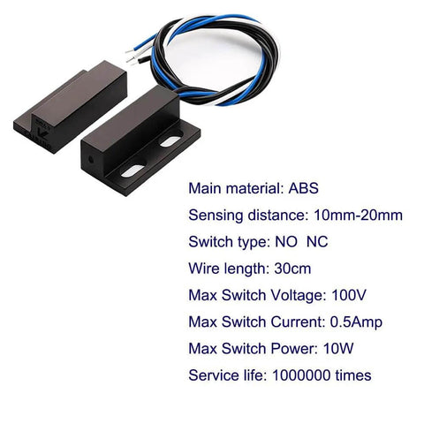 Three Sets NO NC Black Magnetic Door Sensor Reed Switch Kit with 30cm cables and specs, ABS material, for home and office security.