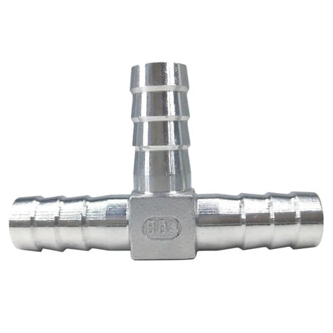 Close-up of 304-grade stainless steel T-type hose connector, part of Stainless Steel Hose Tail Connectors 304 Grade Built Tough For Garden And Garage