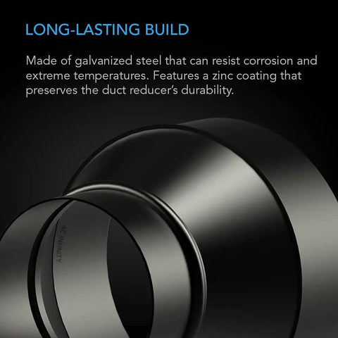 Close-up of Six Inch To Four Inch Duct Reducer Cone Adapter, galvanized steel, for grow tents and home ventilation systems.