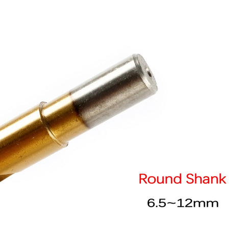 Two-stage step drill bit with round shank; gold body, 6.5-12 mm, for stainless drilling and chamfering