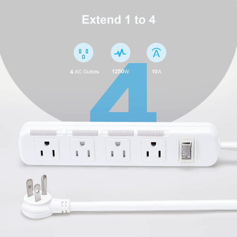 Wall Mounted Power Strip With Four Outlets, Surge Protector, Six Foot Extension Cord, 1250W capacity, white design
