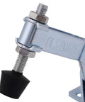 Heavy Duty Horizontal Toggle Clamp close-up with galvanized steel frame and rubber cap, part of the Set Of 4 Heavy Duty Horizontal Toggle Clamps For Welding Woodworking And Metal Jaws Rock Solid Workhorse Fixture Grip For CNC Mill Drill Press Bench Vise Mounting No Sweat Setup.