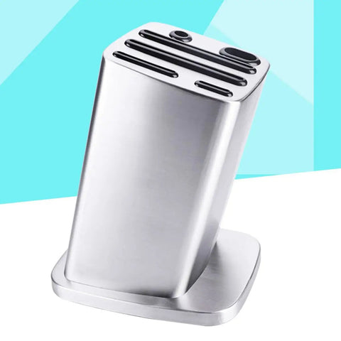 Six Slot Stainless Steel Kitchen Knife Block Holder With Tilted Slots And Angled Edges on white and blue background