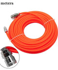Built Tough Air Compressor Hose With Polyurethane Tubing And C Type Quick Connect Fittings Flexible Pneumatic Air Line For Workshop Tasks And Tire Inflation Plug And Play Setup, 5 meter length, bright orange color.