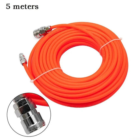 Built Tough Air Compressor Hose With Polyurethane Tubing And C Type Quick Connect Fittings Flexible Pneumatic Air Line For Workshop Tasks And Tire Inflation Plug And Play Setup, 5 meter length, bright orange color.