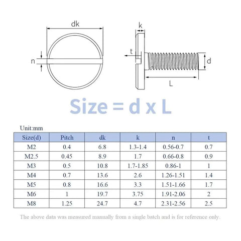 Get These Super Solid 5 Pcs Stainless Steel Slotted Round Head Machine Screws For Your Home DIY Projects And Hardware Repairs With Easy Install M2 And M2.5 Sizes In Silvery Finish size chart detailing measurements in mm.