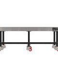 Industrial Grade Welding Fixture Table With Rolling Locking Casters For Pro Mechanics And Fabricators Laser Cut Precision Grid Pattern 96 By 48 By 36 Inches, featuring a sturdy steel frame and swivel casters.