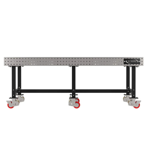 Industrial Grade Welding Fixture Table With Rolling Locking Casters For Pro Mechanics And Fabricators Laser Cut Precision Grid Pattern 96 By 48 By 36 Inches, featuring a sturdy steel frame and swivel casters.