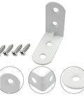Heavy Duty White Corner Brace L Brackets For Furniture Repair Pack Of Twenty With Reinforced Steel Core To Keep Wooden Pieces Rock Solid And Tighten Loose Joints Without Any Sweat, includes screws.
