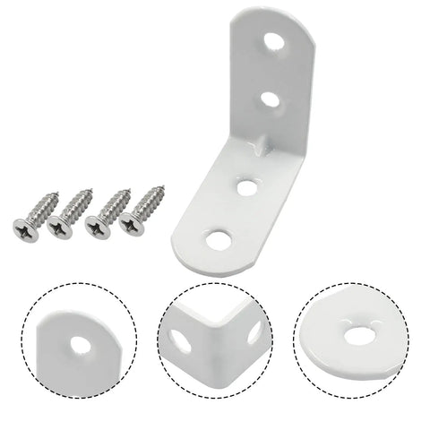 Heavy Duty White Corner Brace L Brackets For Furniture Repair Pack Of Twenty With Reinforced Steel Core To Keep Wooden Pieces Rock Solid And Tighten Loose Joints Without Any Sweat, includes screws.