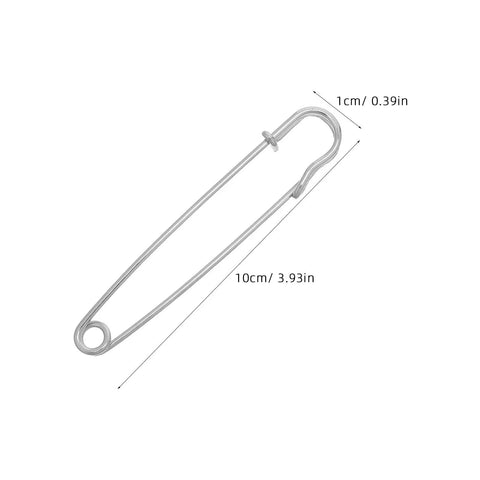 Rugged Heavy Duty Iron Safety Pins Pack Of 50 for thick sweaters and scarves, showing a single silver brooch clip, 10cm long.