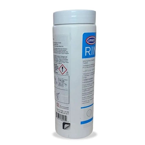 Side view of Rinza M90 Milk Frother Cleaning Tablets 10g bottle, label showing instructions and safety information.