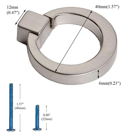 6 Pack Brushed Nickel Ring Drawer Pulls Stainless Steel Cabinet Handles size chart with screws for kitchen cabinets and furniture.
