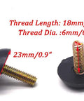 Two adjustable table leveling feet with M6x1 screw thread, 23mm base, black plastic material for desk stability.