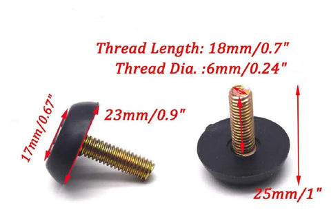 Two adjustable table leveling feet with M6x1 screw thread, 23mm base, black plastic material for desk stability.