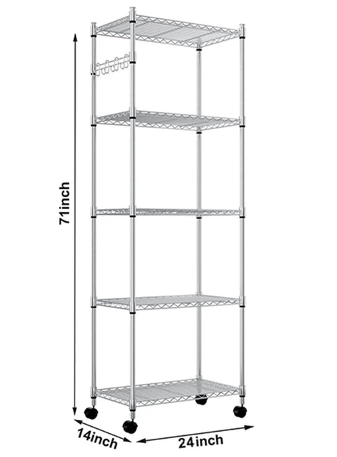 Five-Tier Heavy Duty Wire Shelving Rack For Garage, Pantry, And Kitchen With Adjustable Metal Shelves And Side Hooks, Rust-Resistant Carbon Steel, Silver, 14 Inch Deep By 24 Inch Wide By 71 Inch High