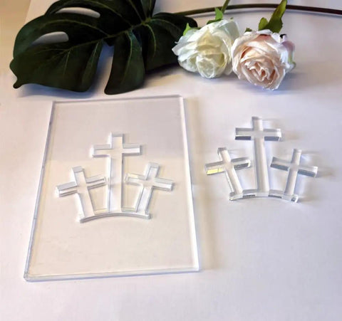 Top Shelf Acrylic Router Template Set Featuring Hella Precise Woodworking Stencils For Holy Week Do It Yourself Crafts Knockout Bunny Cross Egg Church Patterns Reusable Solid Guide Collection clear acrylic cross templates on a white background.