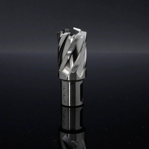 Front view: Oscarbide annular cutter with Weldon shank, 15/16 in diameter, 1 in depth of cut for magnetic drill press