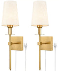 Two Pack Farmhouse Modern Black Wall Sconces With Beige Fabric Shades, Plug In Or Hardwired, Slim Square Back Plate