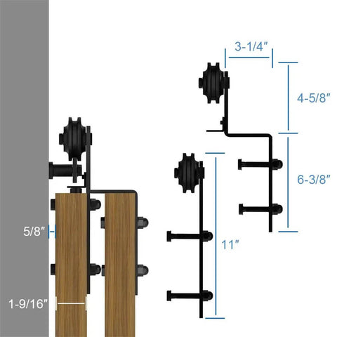 Bypass Sliding Barn Door Hardware Kit With Bent Track And Hanger System Anti Jump Rollers Easy Install Black Finish diagram