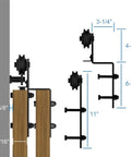 Diagram of bypass sliding barn door hardware track kit with bent hangers and anti jump rollers, black finish, side view dimensions.