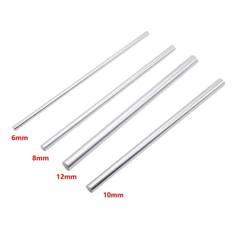 Rock Solid Linear Guide Shafts Chromed Steel Rods For 3D Printer And Cnc Machine Builds with 6mm, 8mm, 10mm, 12mm sizes on display.