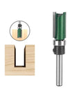 Heavy Duty Four Piece Flush Trim Router Bit Set With Top Bearing Quarter Inch Shank Great For Template Woodworking, showing a router bit in use.