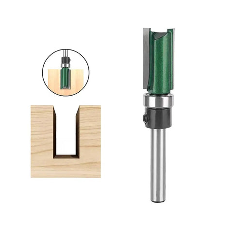 Heavy Duty Four Piece Flush Trim Router Bit Set With Top Bearing Quarter Inch Shank Great For Template Woodworking, showing a router bit in use.