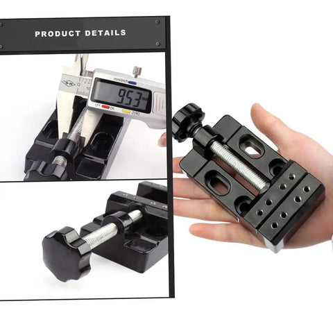 Mini Bench Clamp Table Vise, Handy Adjustable Drill Press Vise For DIY Jewelry, Woodworking, Carving, Watch Repair And Small Parts Holding, Aluminum Mini Vise shown in hand and measurements.