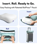 Compact Travel Memory Foam Neck Pillow For Deep Sleep On The Go Ideal For Hotels Camping And Side Or Back Sleepers Ultra Plush Portable Wellness Green being packed in RollPress pouch.