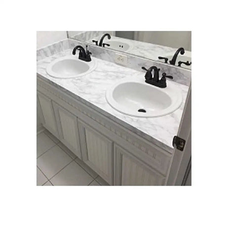 Peel And Stick White Marble Vinyl Countertop Backsplash Wrap 36 By 180 Inches Waterproof Self Adhesive Contact Paper in bathroom