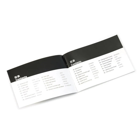 Open contents booklet from Advanced Arduino Starter Kit With 30 Projects And 190 Plus Components For Adults And Makers