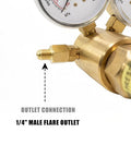 Amazon high-pressure nitrogen regulator with brass body and 2.5-inch gauges; 1/4-inch male flare outlet.