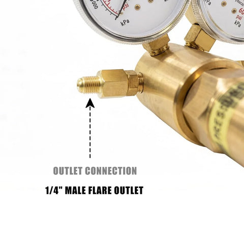 Amazon high-pressure nitrogen regulator with brass body and 2.5-inch gauges; 1/4-inch male flare outlet.